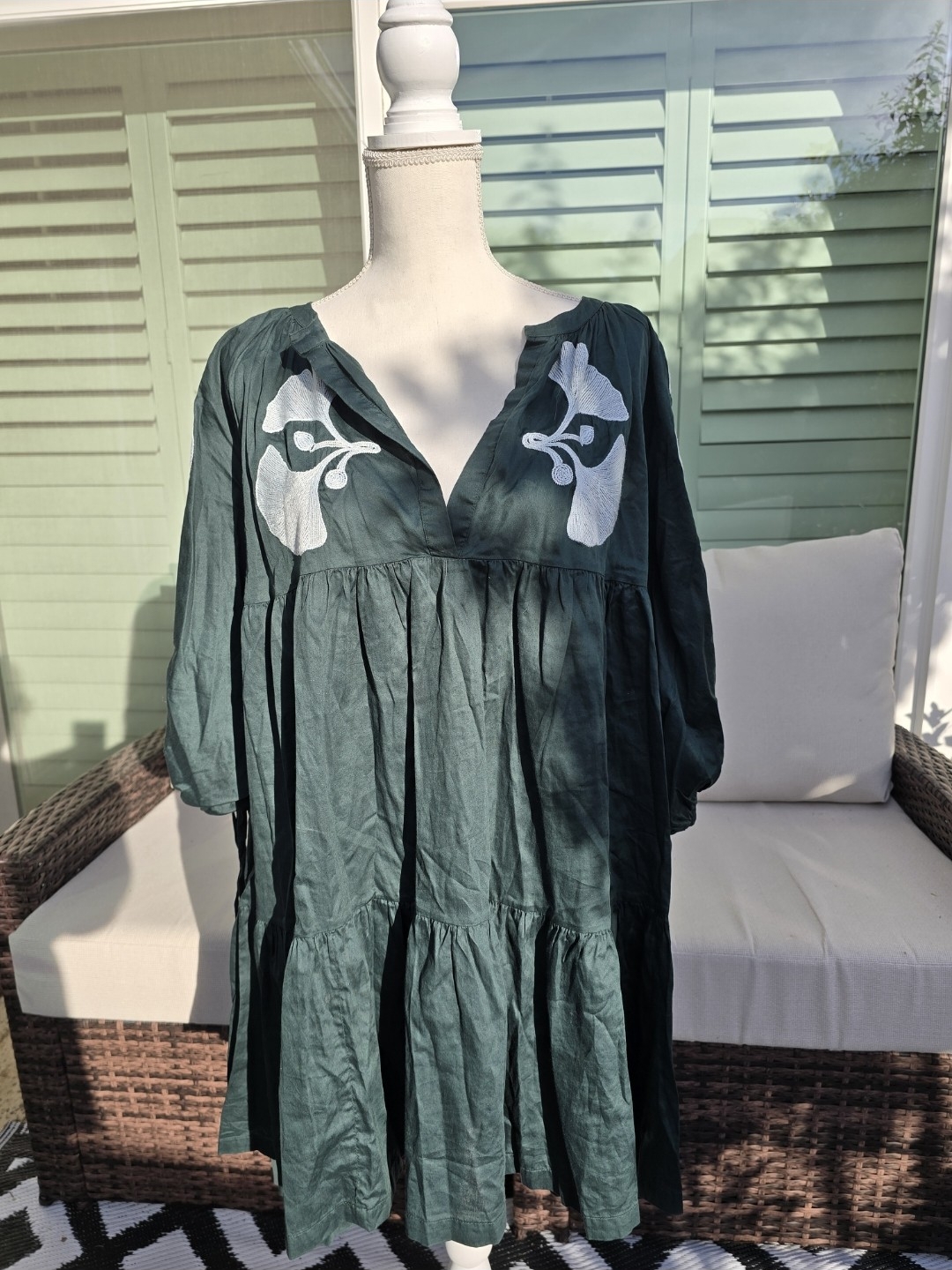 Cynthia Rowley Dark Green Tiered V-Neck Midi Dress With White Embroidery
